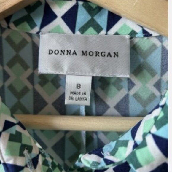 DONNA MORGAN Work Dress Green/Blue Print Collar Summer Stretch 3/4 Sleeve Size 8 - Picture 5 of 6